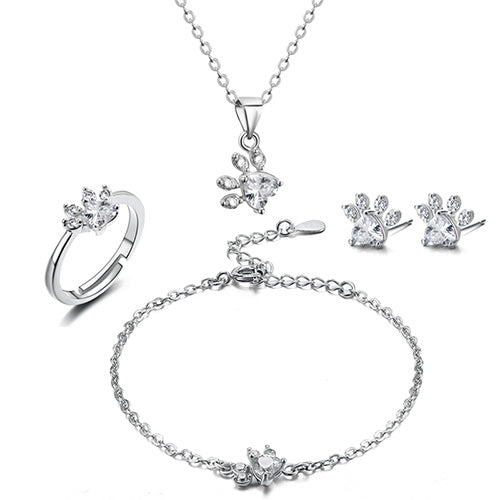 Conjunto de Joias em Ouro Rosa com Pata – 4 Peças com Coração de Zircônia (Anel, Colar, Brincos, Pulseira)