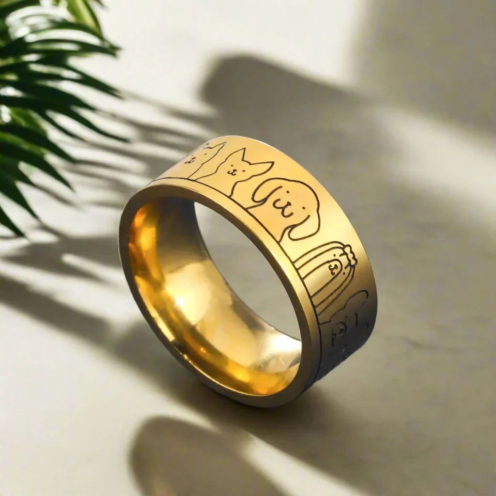 Anel de Cão em Aço Inoxidável Largo – Design Gravado para Mulheres