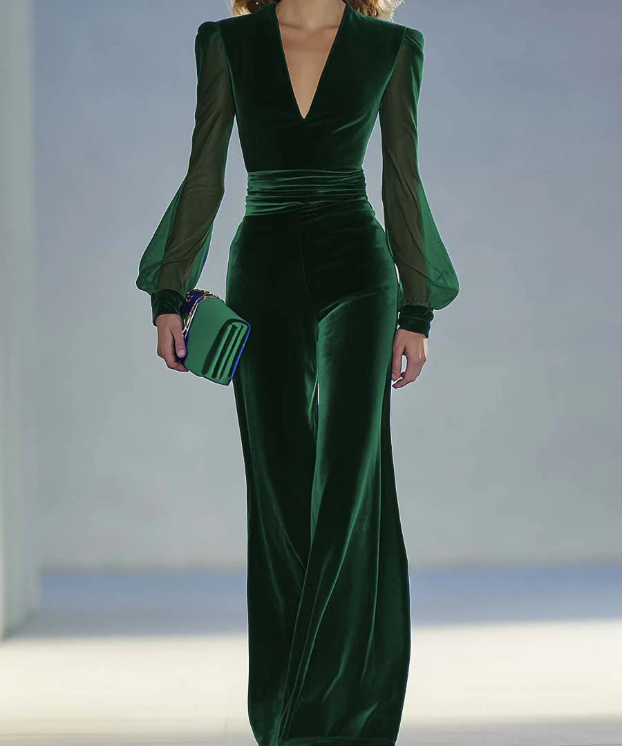 Sabrina - Hosszú bársonyos overall V-nyakkal és hosszú hálós ujjakkal, elegáns és retró