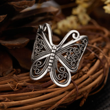 Anel Prateado Vintage com Borboleta